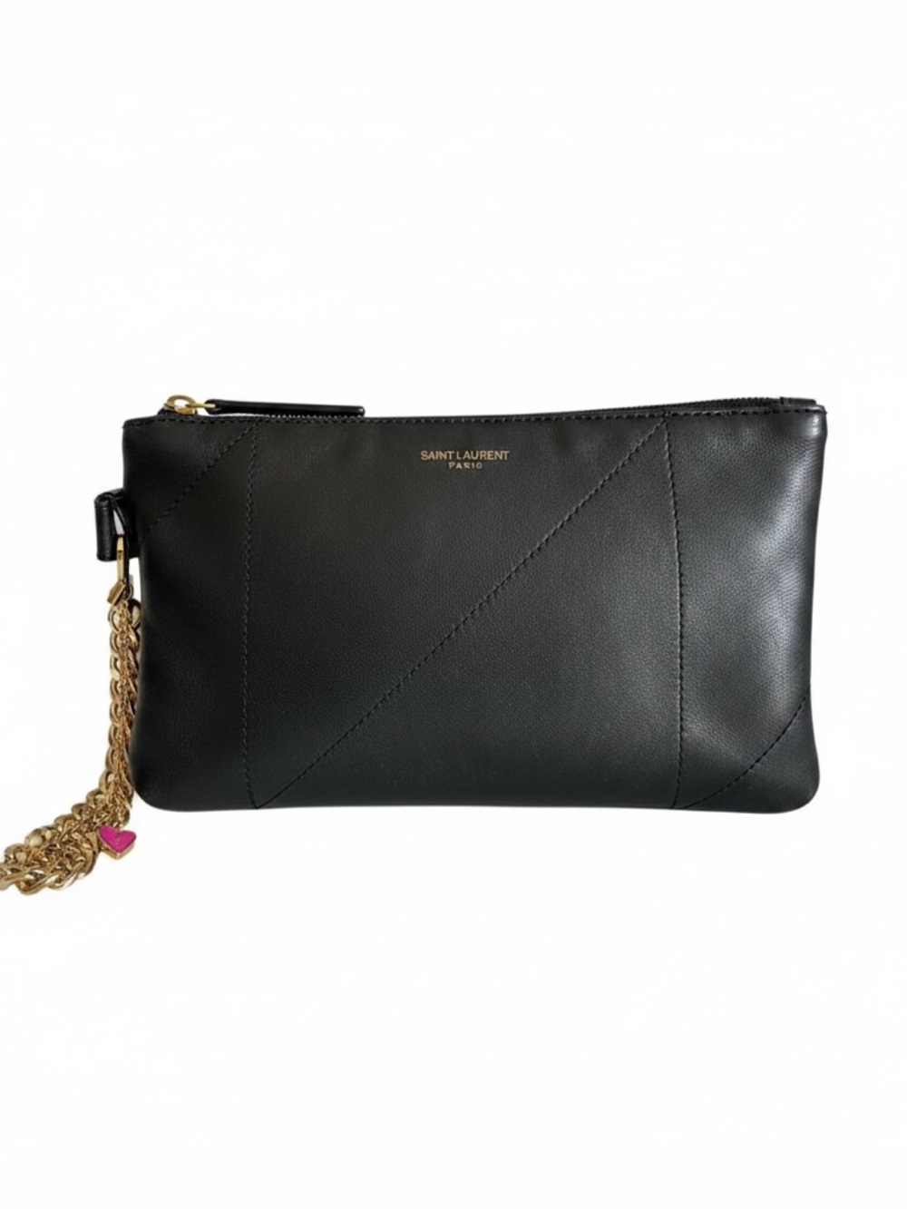 YSL Saint Laurent Jamie Pochon Black Leather Wristlet Clutch with Gold Hardware